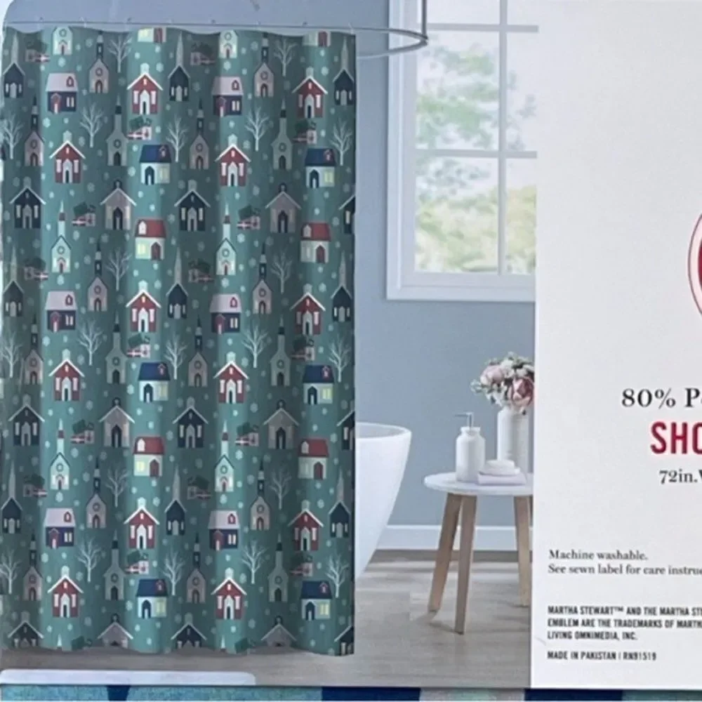 Martha Stewart SHOWER CURTAIN Holiday Christmas Snow Village Shower Curtain NWT